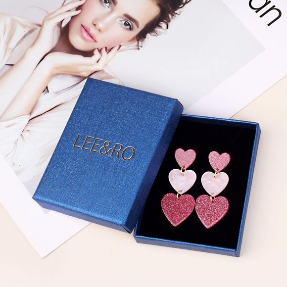 Heart Earrings Dangle Valentine's Day Earrings Pink Heart Earrings Red Heart Ear - Picture 4 of 8